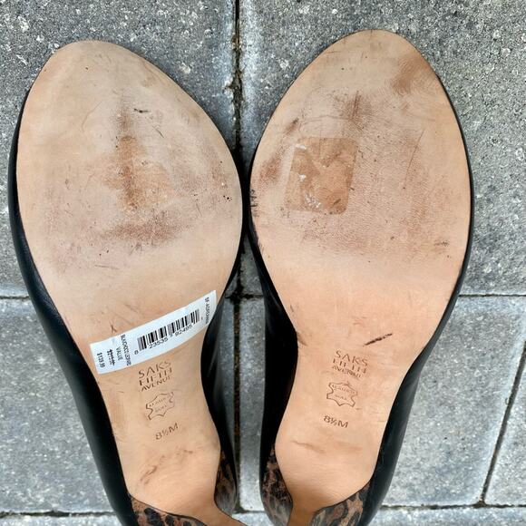 Saks Fifth Avenue Adriana Black and Leopard Print Leather High Peep Toe Heels - Picture 9 of 10